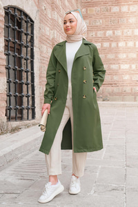 Bel Bağlamalı Trenç Haki Yeşil