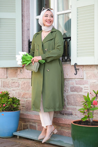 Bel Bağlamalı Trenç Haki Yeşil