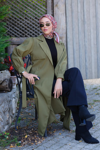 Bel Bağlamalı Trenç Haki Yeşil