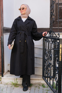 Bel Bağlamalı Trençkot Siyah