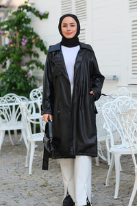 Bel Bağlamalı trençkot Siyah