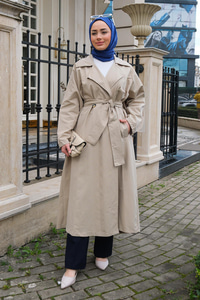 Bel Bağlamalı Trençkot Taş