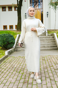 Bel Bağlamalı Triko Elbise Bej