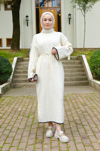 Bel Bağlamalı Triko Elbise Bej