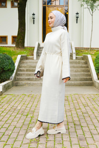 Bel Bağlamalı Triko Elbise Bej