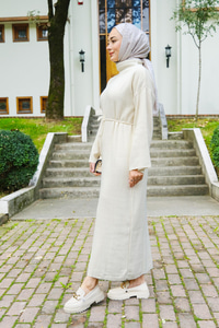 Bel Bağlamalı Triko Elbise Bej