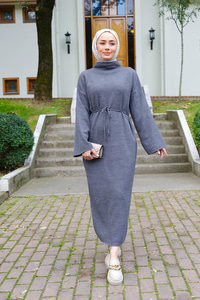 Bel Bağlamalı Triko Elbise Gri