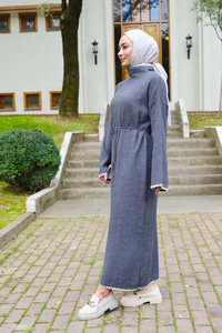 Bel Bağlamalı Triko Elbise Gri