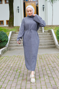 Bel Bağlamalı Triko Elbise Gri