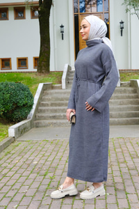 Bel Bağlamalı Triko Elbise Gri