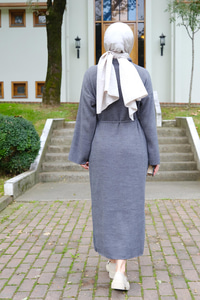 Bel Bağlamalı Triko Elbise Gri