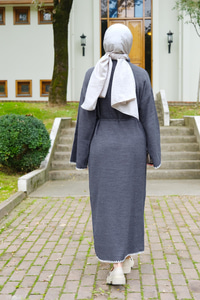 Bel Bağlamalı Triko Elbise Gri