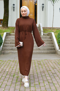 Bel Bağlamalı Triko Elbise Kahverengi