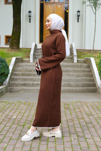 Bel Bağlamalı Triko Elbise Kahverengi