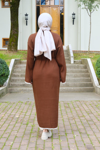 Bel Bağlamalı Triko Elbise Kahverengi