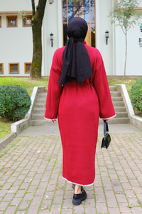 Bel Bağlamalı Triko Elbise Kırmızı