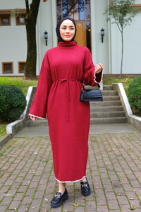 Bel Bağlamalı Triko Elbise Kırmızı