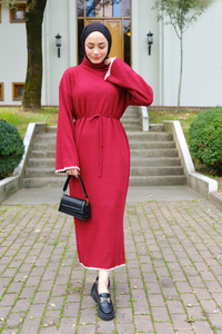 Bel Bağlamalı Triko Elbise Kırmızı