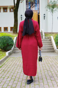 Bel Bağlamalı Triko Elbise Kırmızı