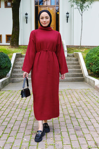 Bel Bağlamalı Triko Elbise Kırmızı