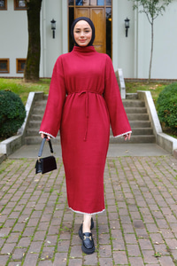 Bel Bağlamalı Triko Elbise Kırmızı