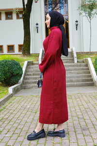 Bel Bağlamalı Triko Elbise Kırmızı