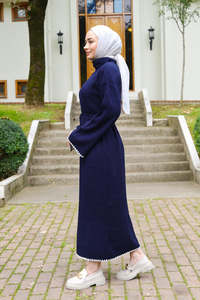 Bel Bağlamalı Triko Elbise Lacivert