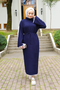 Bel Bağlamalı Triko Elbise Lacivert