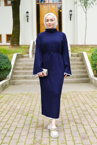 Bel Bağlamalı Triko Elbise Lacivert