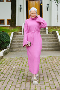Bel Bağlamalı Triko Elbise Pembe