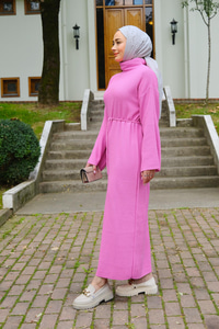 Bel Bağlamalı Triko Elbise Pembe