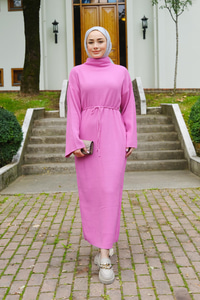 Bel Bağlamalı Triko Elbise Pembe