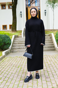 Bel Bağlamalı Triko Elbise Siyah