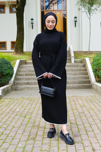 Bel Bağlamalı Triko Elbise Siyah