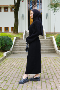 Bel Bağlamalı Triko Elbise Siyah