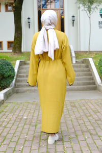 Bel Bağlamalı Triko Elbise Yağ Yeşil