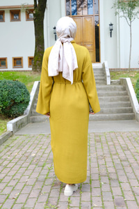 Bel Bağlamalı Triko Elbise Yağ Yeşil