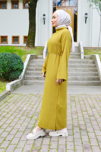 Bel Bağlamalı Triko Elbise Yağ Yeşil