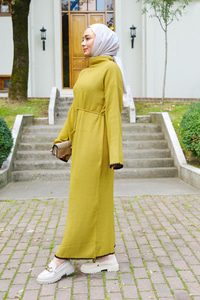 Bel Bağlamalı Triko Elbise Yağ Yeşil