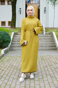 Bel Bağlamalı Triko Elbise Yağ Yeşil