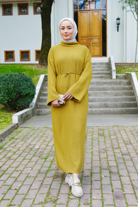 Bel Bağlamalı Triko Elbise Yağ Yeşil