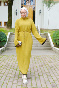 Bel Bağlamalı Triko Elbise Yağ Yeşil