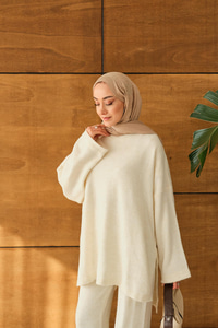 Bel Bağlamalı Triko Takım Krem