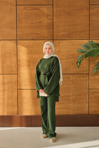 Bel Bağlamalı Triko Takım Zümrüt Yeşil