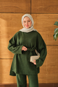 Bel Bağlamalı Triko Takım Zümrüt Yeşil