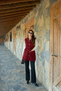 Bel Bağlamalı Triko Yelek Bordo