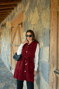 Bel Bağlamalı Triko Yelek Bordo