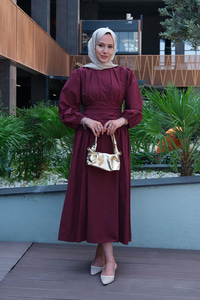 Bel Büzgü Detay Elbise Bordo