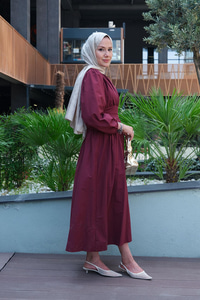 Bel Büzgü Detay Elbise Bordo