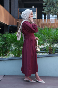 Bel Büzgü Detay Elbise Bordo